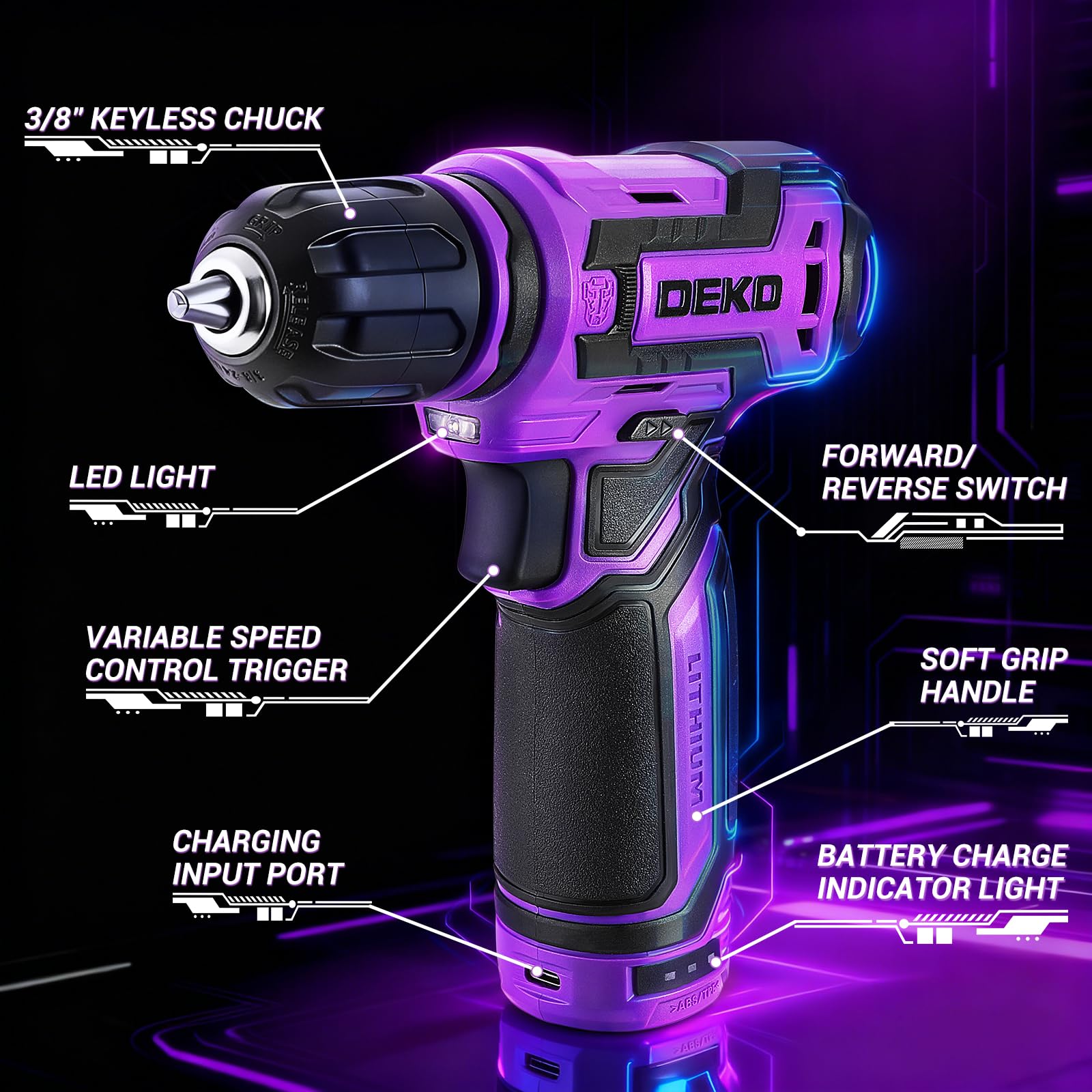DEKOPRO cordless drill with LED light in use for improved visibility