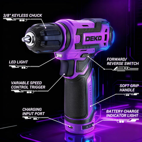 DEKOPRO cordless drill with LED light in use for improved visibility