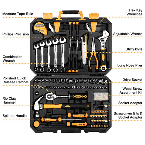 DEKOPRO 158-piece tool set case open showing full tool lineup