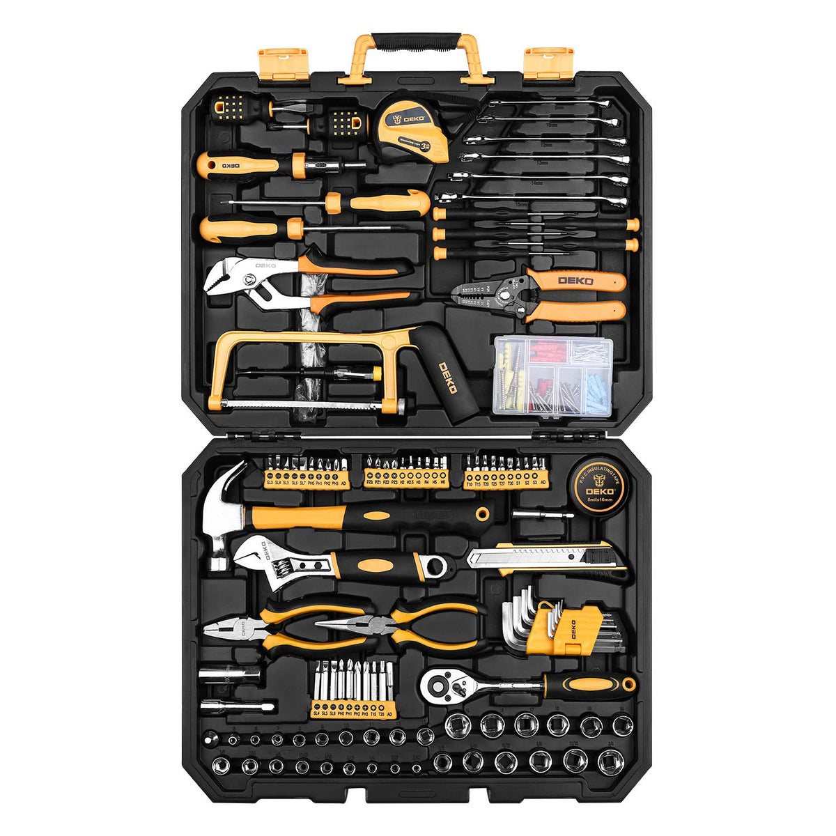 DEKOPRO 198-piece tool kit case neatly organized for quick DIY tasks.