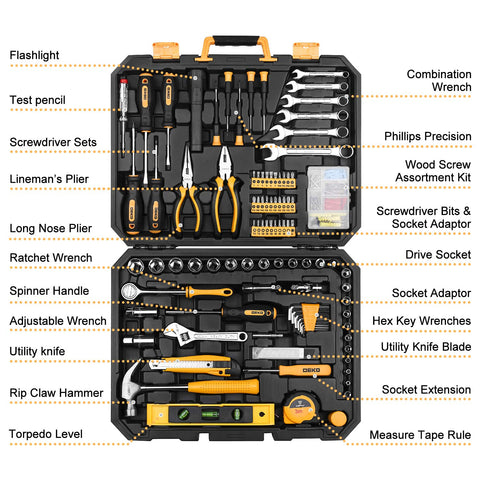 DEKOPRO 208-piece tool set, case open contents, organized tools at a glance