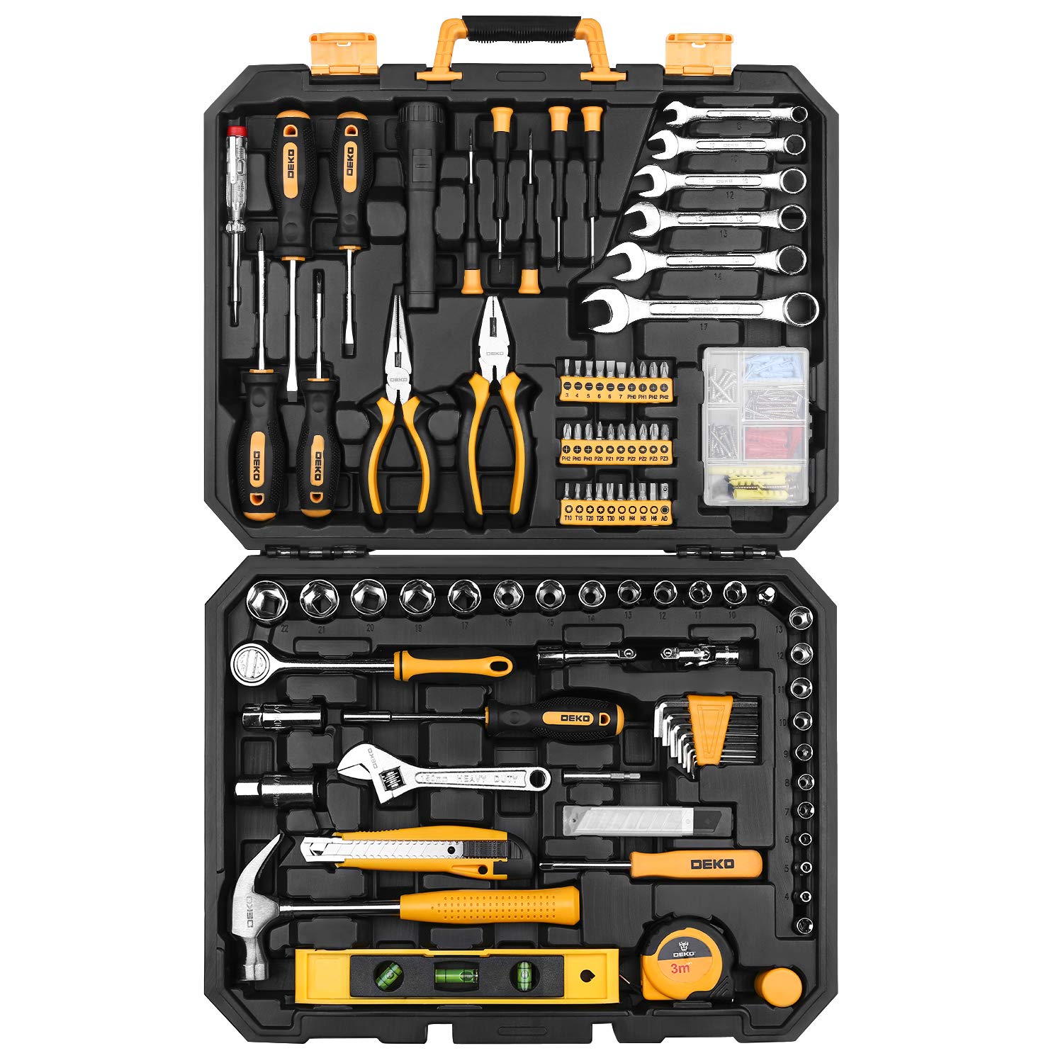 DEKOPRO 208-piece tool set, pliers close-up, versatile grip for tightening tasks