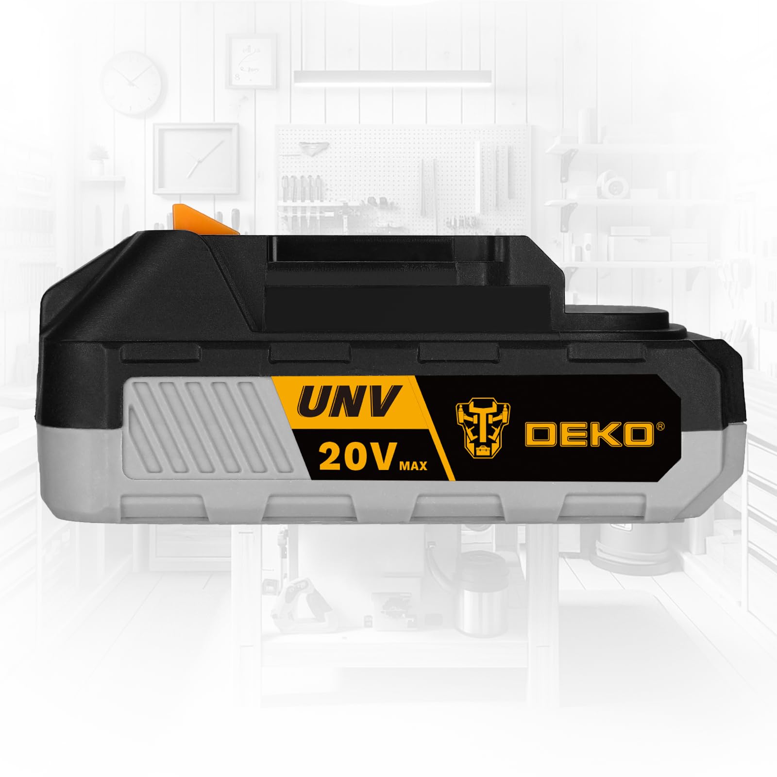 Close-up of DEKOPRO battery designed for secure fit on 20V drills.
