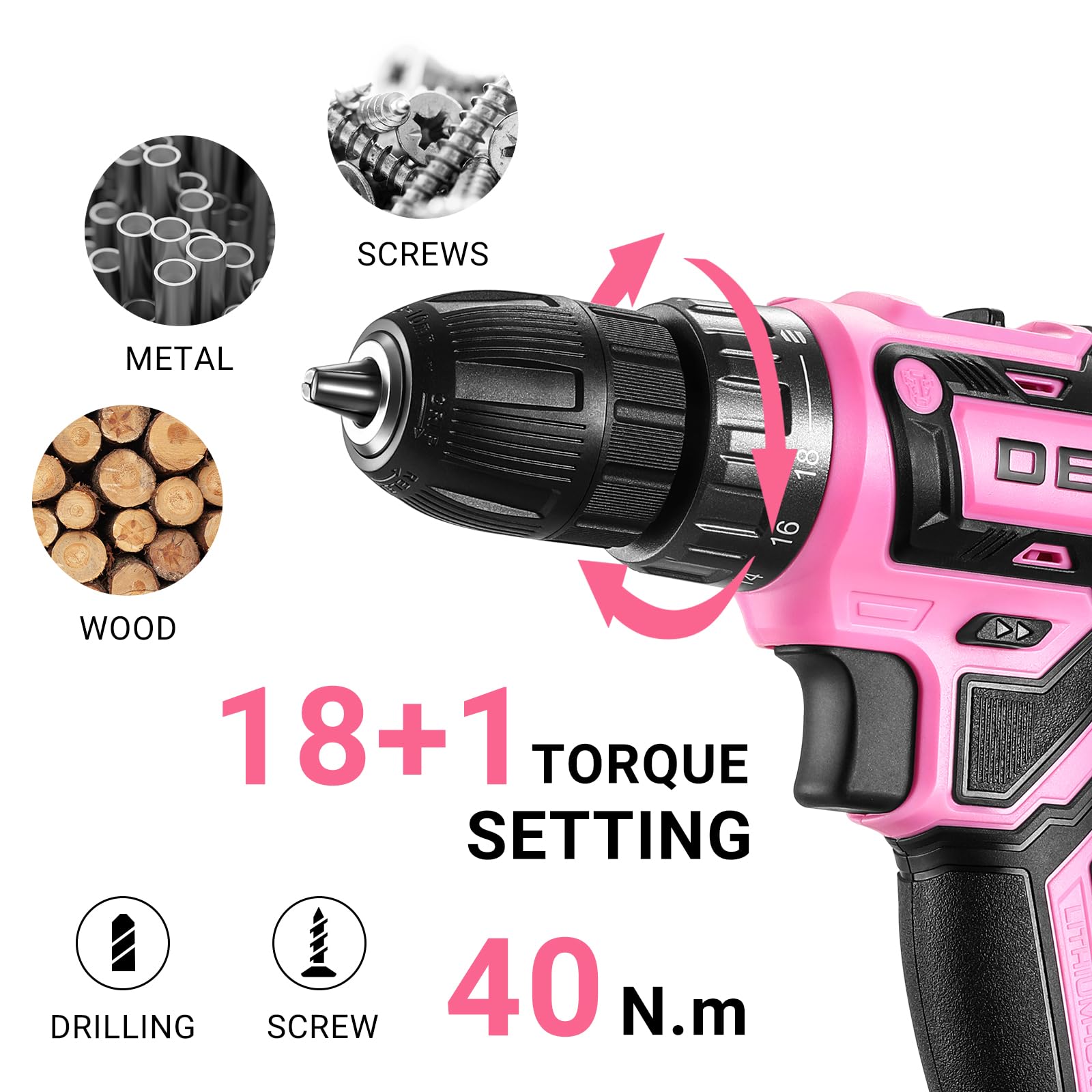 DEKOPRO pink 20V cordless drill with battery status for planning.