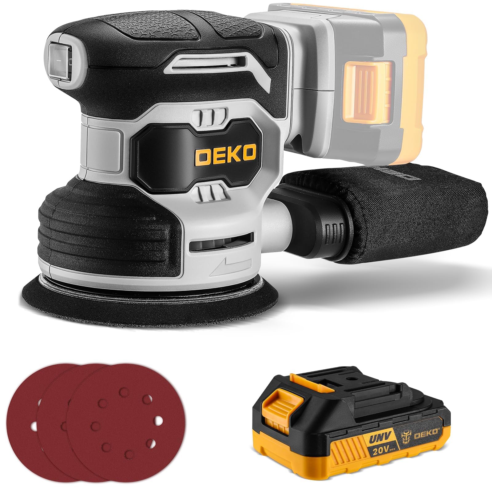 DEKOPRO 20V orbital sander front view for smooth wood finishing projects