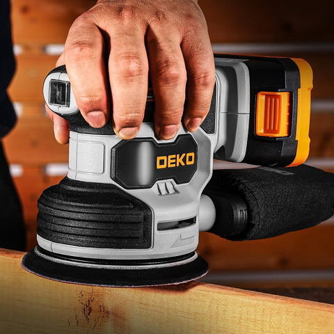 DEKOPRO 20V orbital sander side profile showing ergonomic grip for comfortable sanding