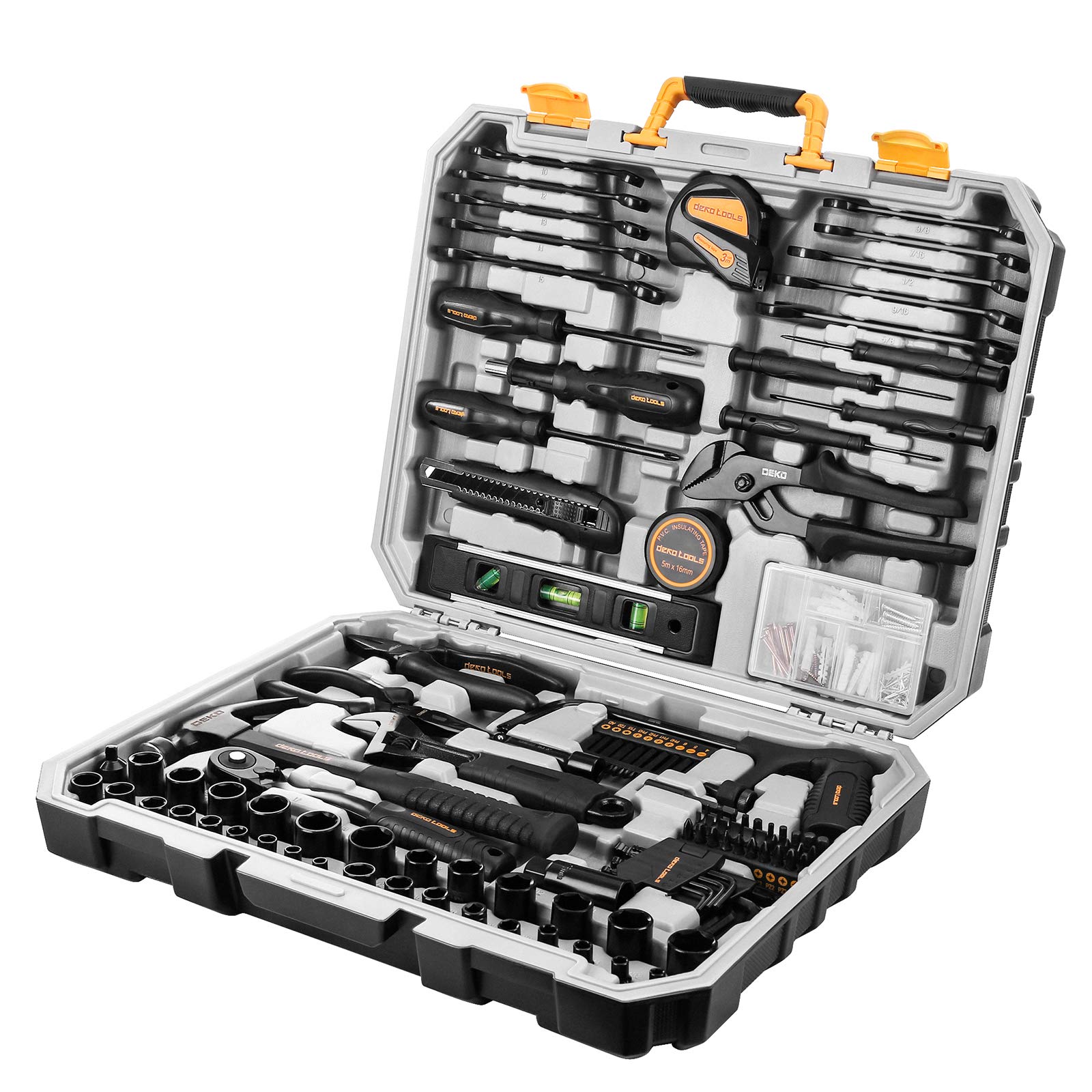DEKOPRO 218-piece tool kit case keeps everything organized for quick home repairs.