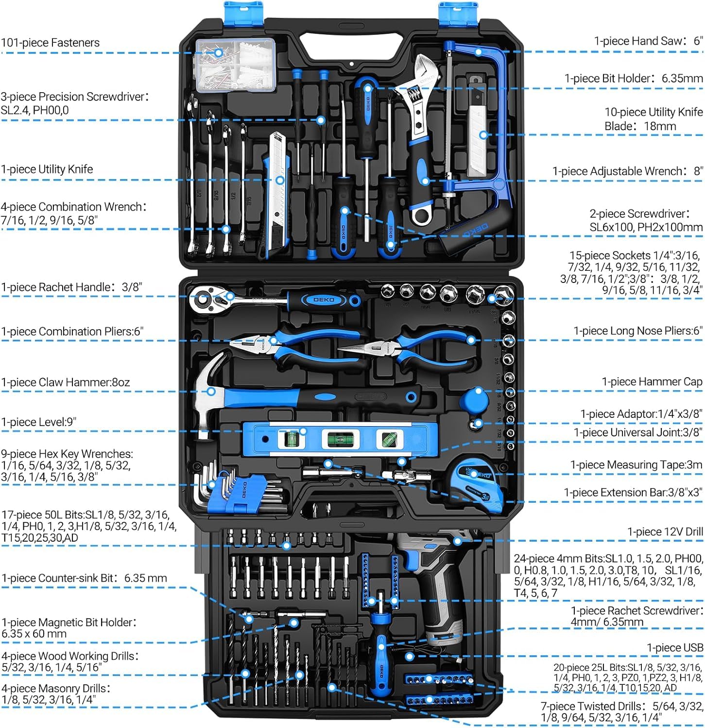 DEKOPRO 238-piece toolkit covers screws, sockets and more for home repairs.
