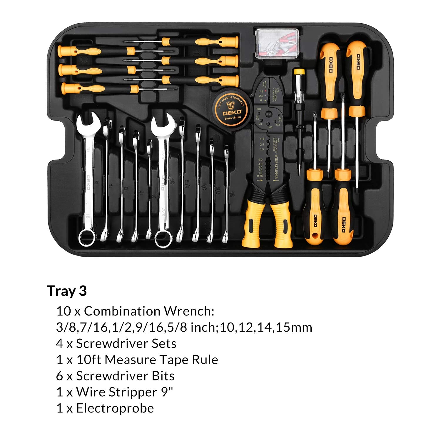 DEKOPRO wrenches and screwdrivers neatly arranged in fixed layers.