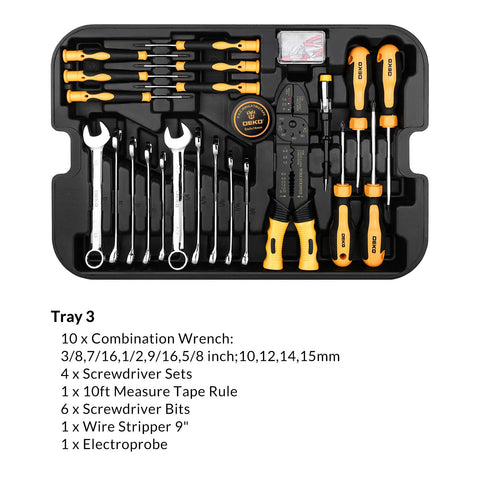 DEKOPRO wrenches and screwdrivers neatly arranged in fixed layers.