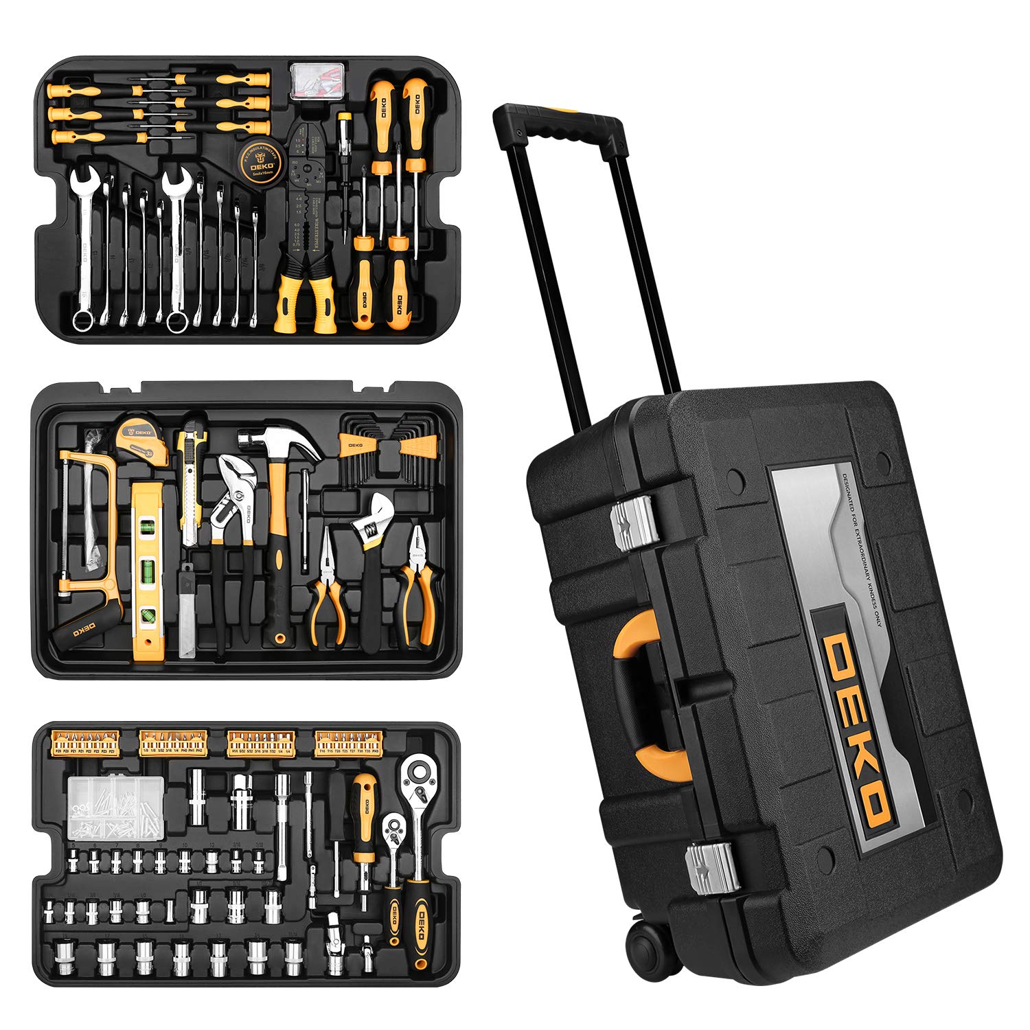 DEKOPRO 258-piece tool kit rolling case front view for easy transport.