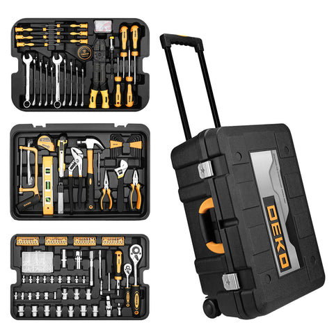 DEKOPRO 258-piece tool kit rolling case front view for easy transport.