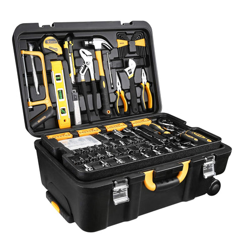 DEKOPRO 258-piece tool kit with wheels ready for on-site use.