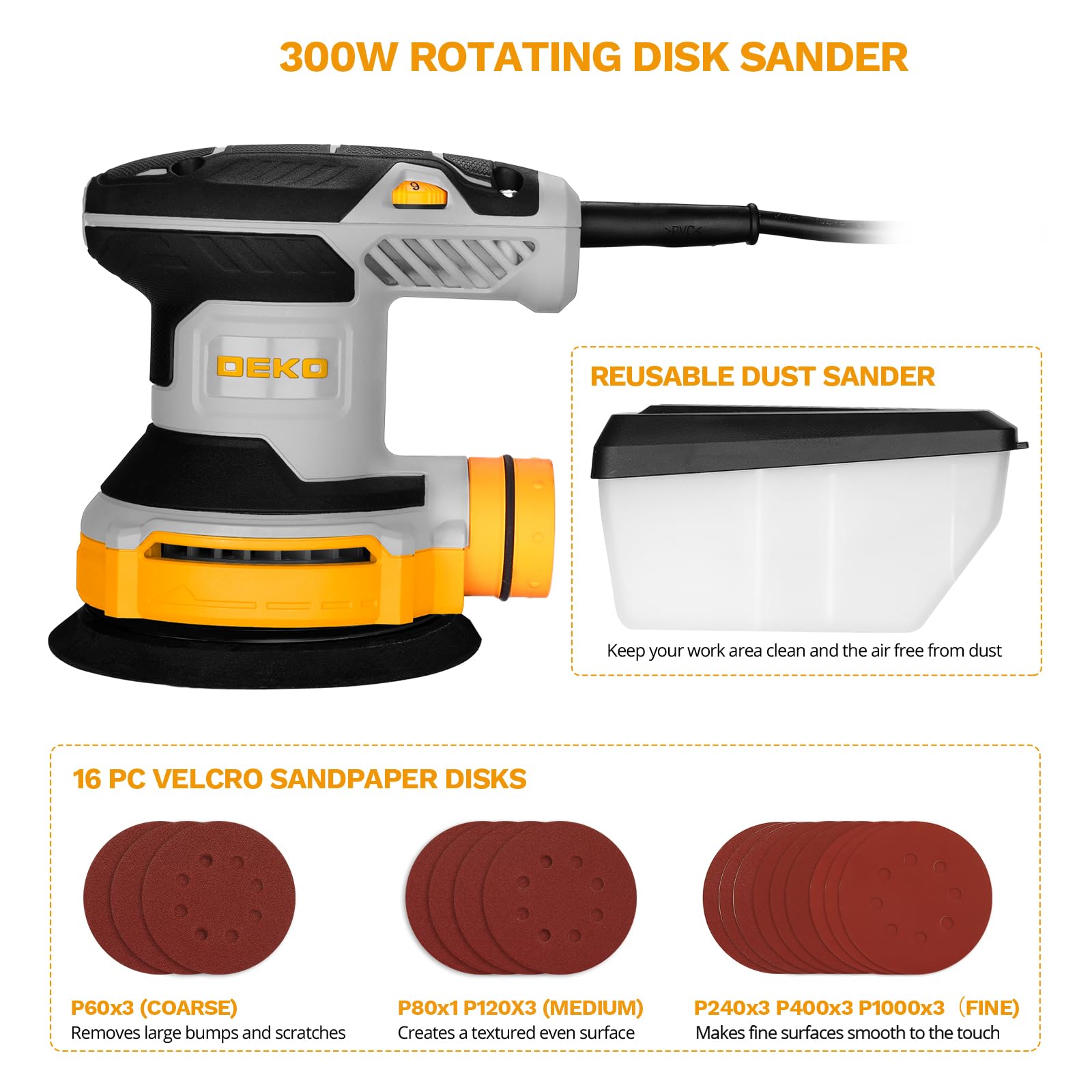 DEKOPRO 5-inch random orbital sander delivers smooth finishes at varying speeds