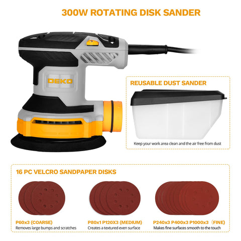 DEKOPRO 5-inch random orbital sander delivers smooth finishes at varying speeds
