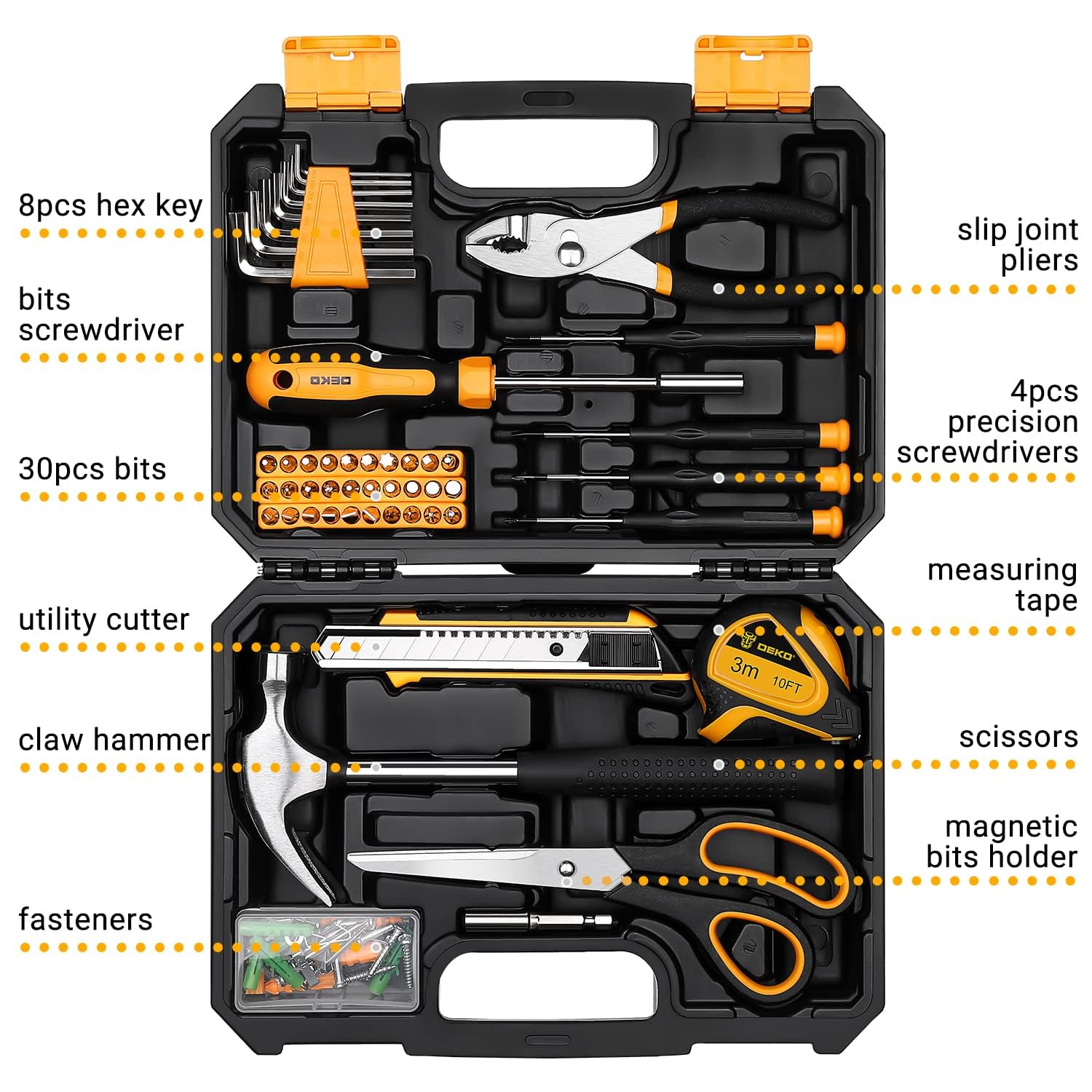 DEKOPRO tool kit case open contents arranged for quick access.