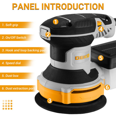 DEKOPRO 6-speed control for precise sanding on wood and metal projects