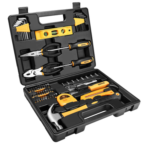 DEKOPRO 65-piece tool set front case shows durable chrome finish for long-lasting use