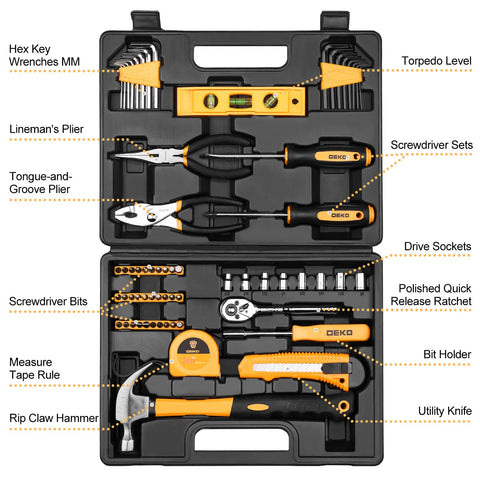 DEKOPRO 65-piece tool set case open contents shows organized storage for quick fixes