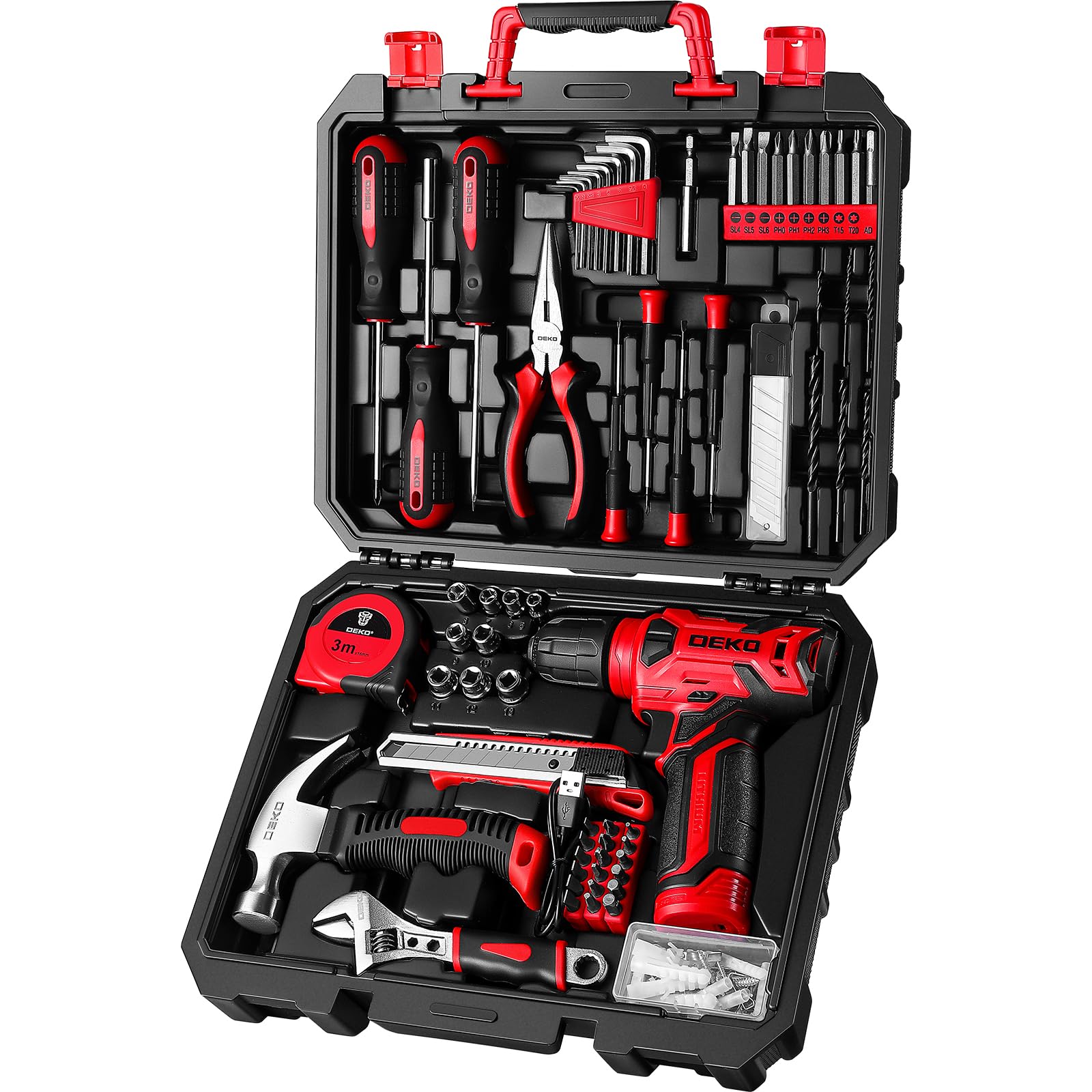 DEKOPRO 8V red cordless drill front view with lightweight one-handed grip