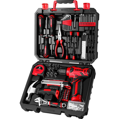 DEKOPRO 8V red cordless drill front view with lightweight one-handed grip
