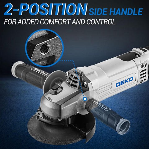 DEKOPRO grinder includes wrench for quick accessory changes.