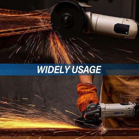 DEKOPRO angle grinder in use for metal and wood cutting.