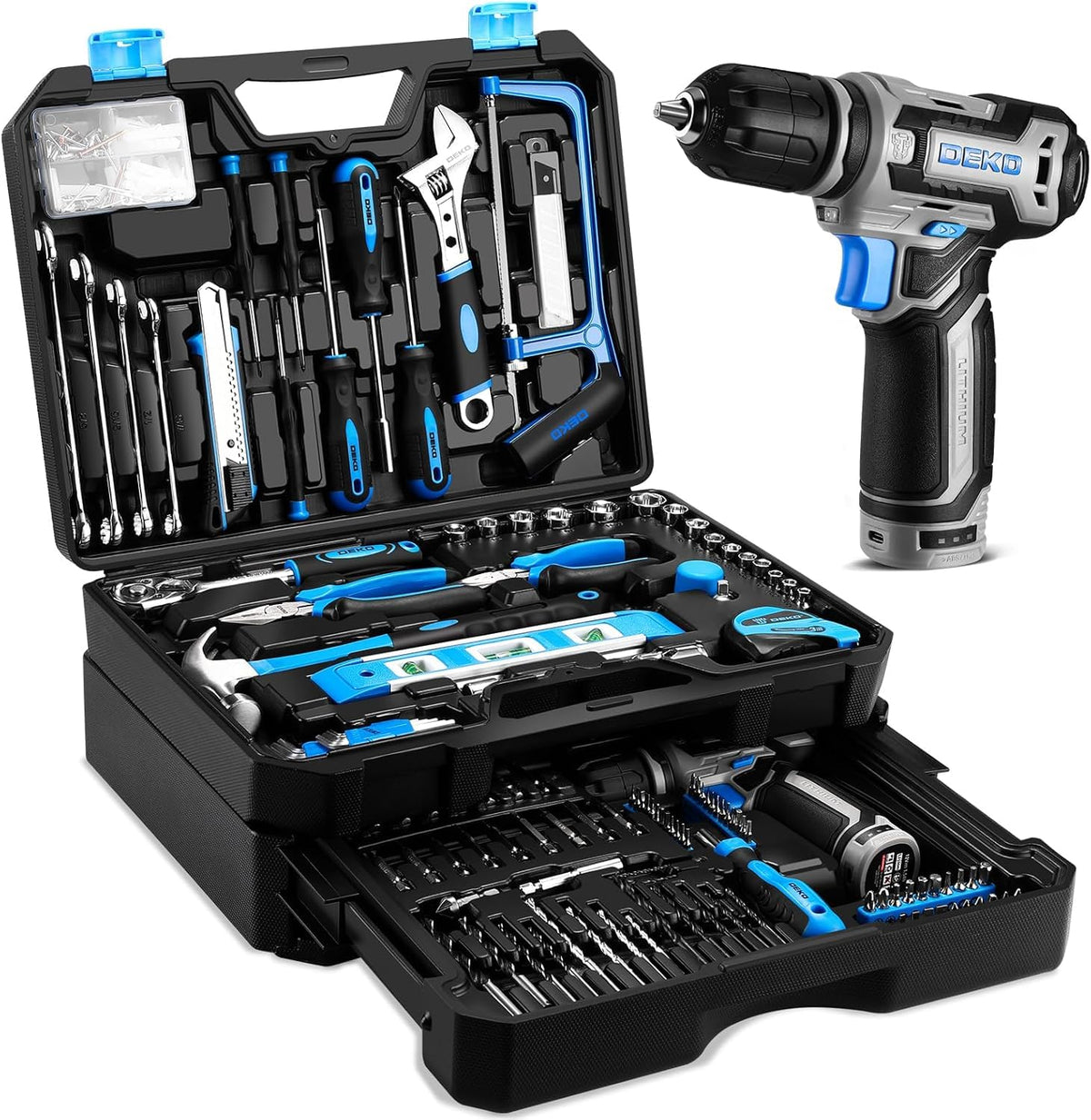DEKOPRO blue 12V cordless drill for quick home projects.