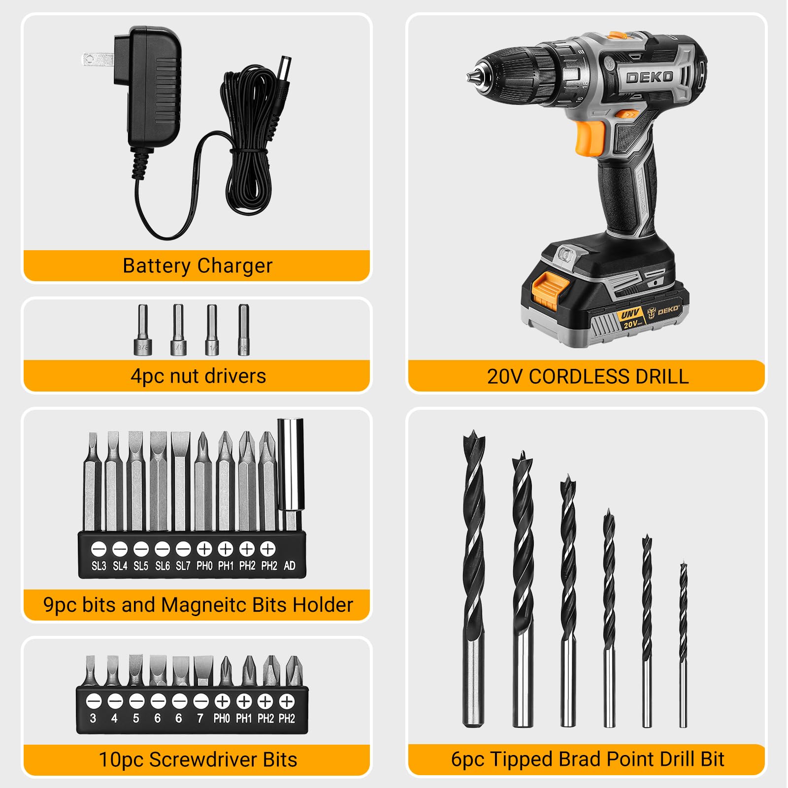 DEKOPRO cordless drill packaging shows a ready-to-use tool kit.