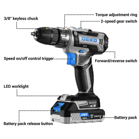 DEKOPRO cordless drill 20V variable-speed capability for precise tasks.