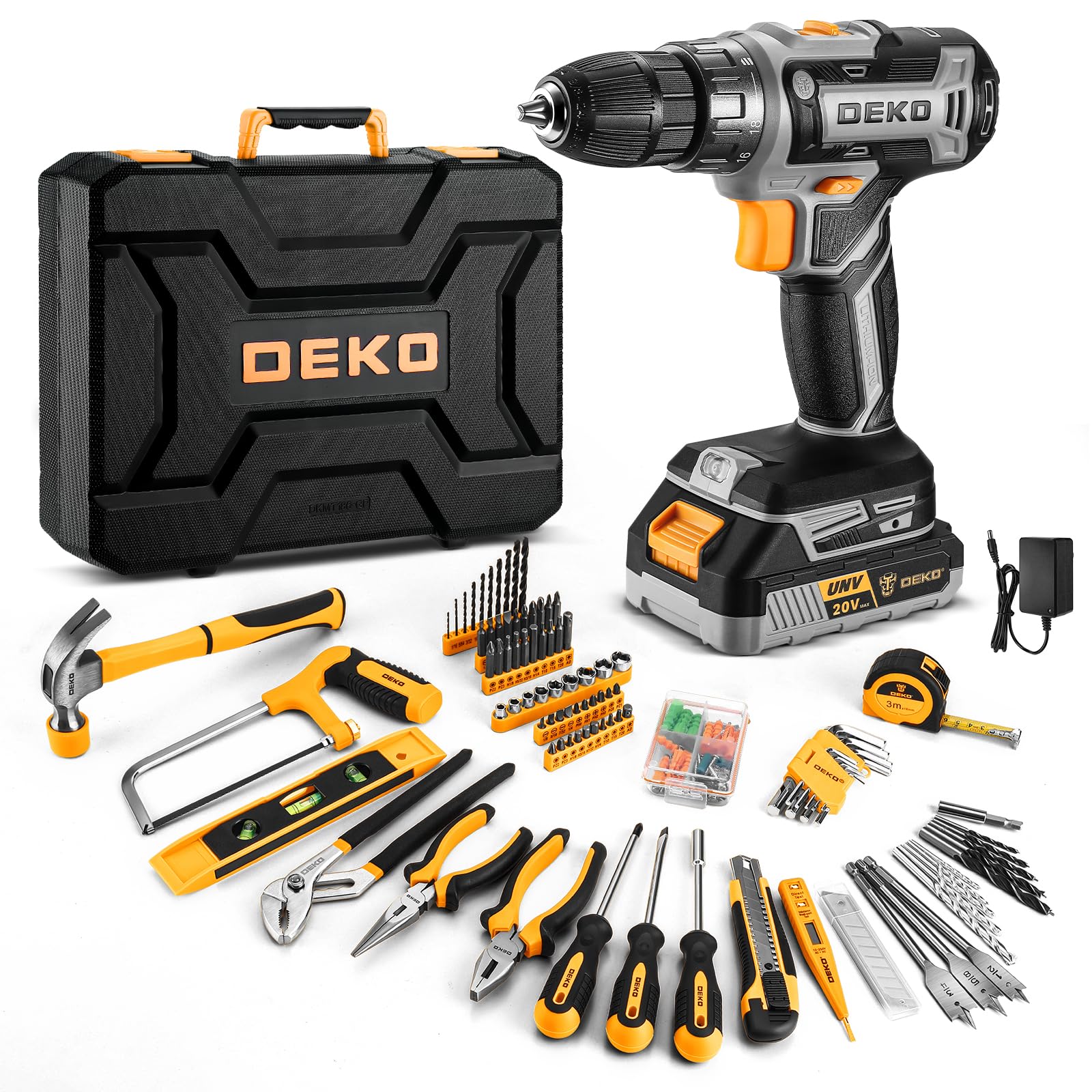 DEKOPRO cordless drill and toolbox with 20V battery for quick home projects.