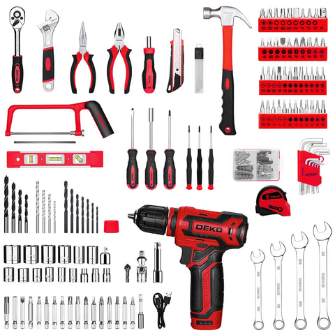 DEKOPRO cordless drill with 12V battery and Type-C charger for quick recharges.