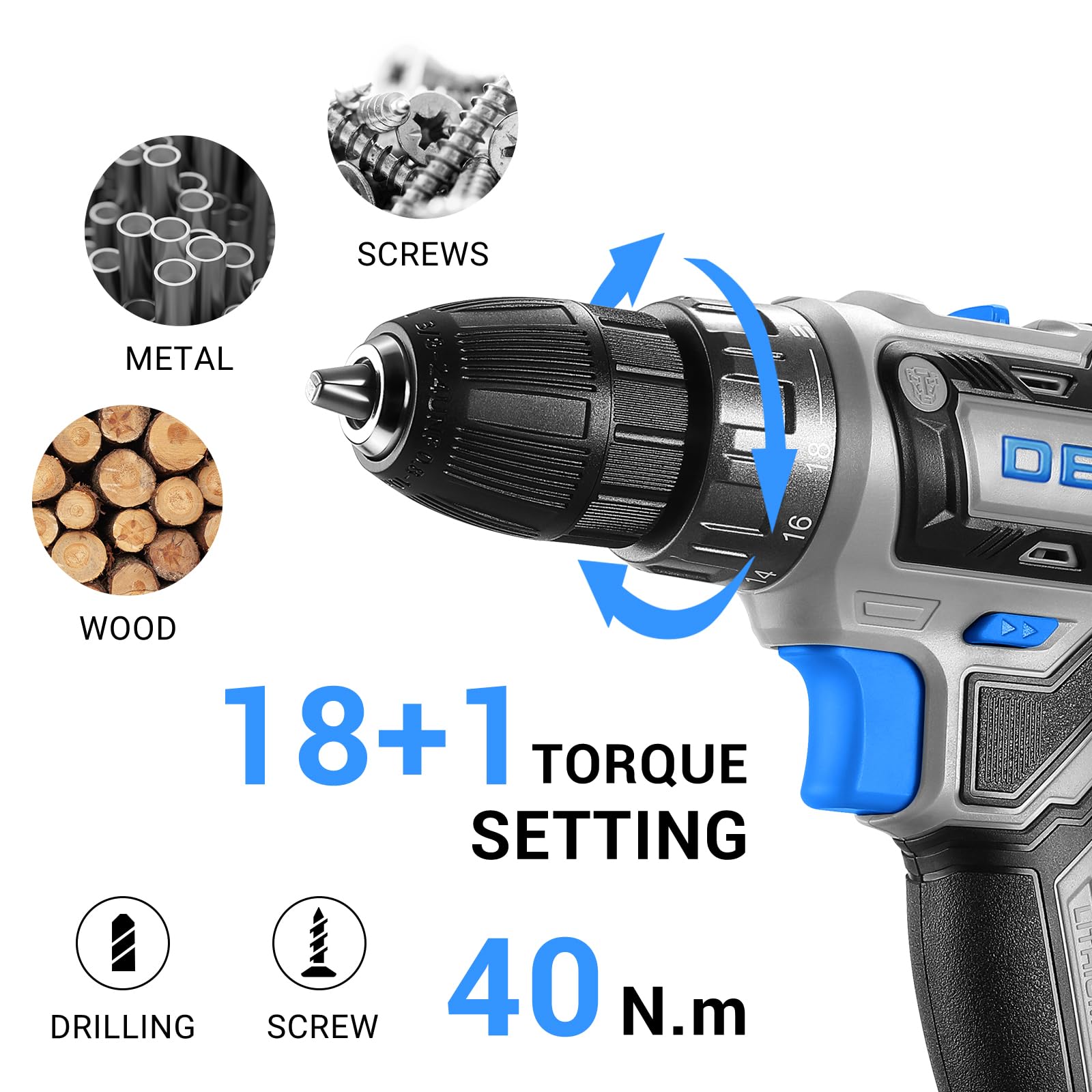 DEKOPRO drill kit includes varied bits for screws, brad points, and precision drilling.