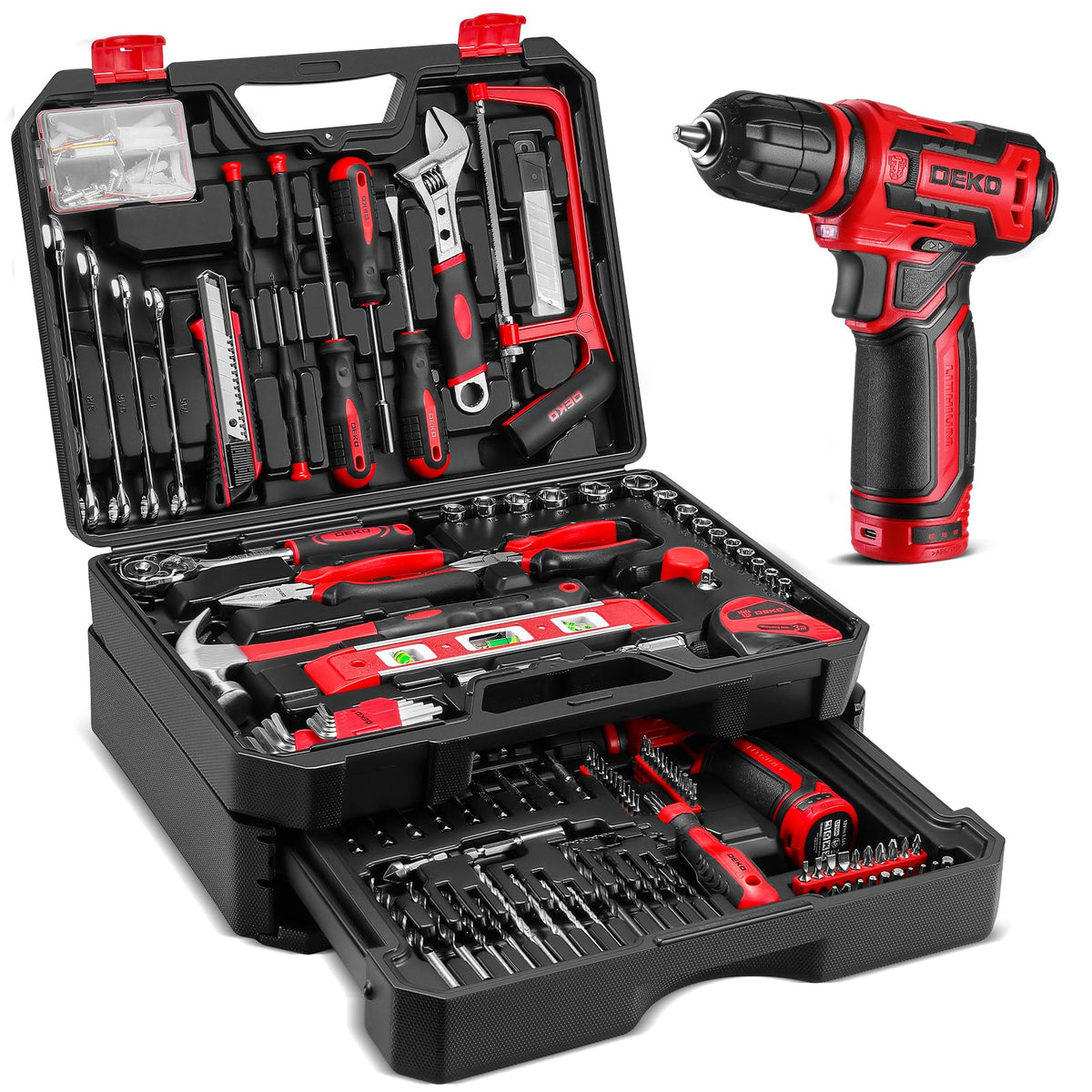 DEKOPRO drill tool set with red toolbox for fast home repairs.