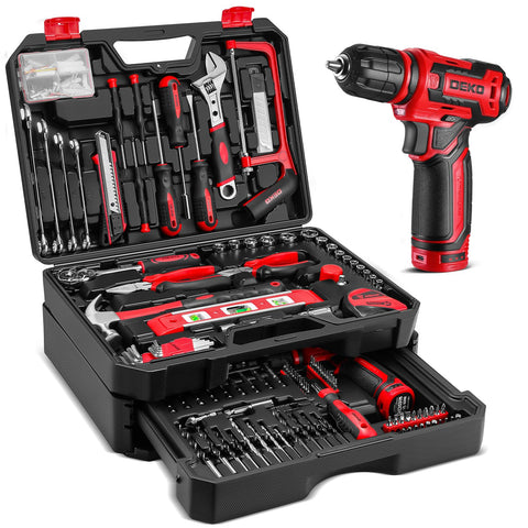 DEKOPRO drill tool set with red toolbox for fast home repairs.