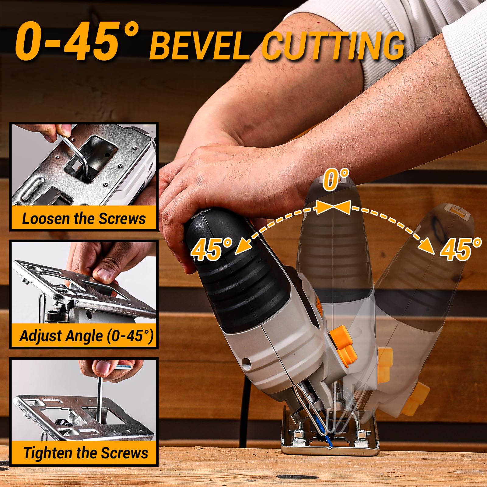 DEKOPRO jig saw bevel cutting from 0 to 45 degrees