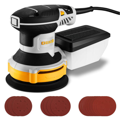 DEKOPRO orbital sander with dust box keeps dust contained for cleaner sanding sessions