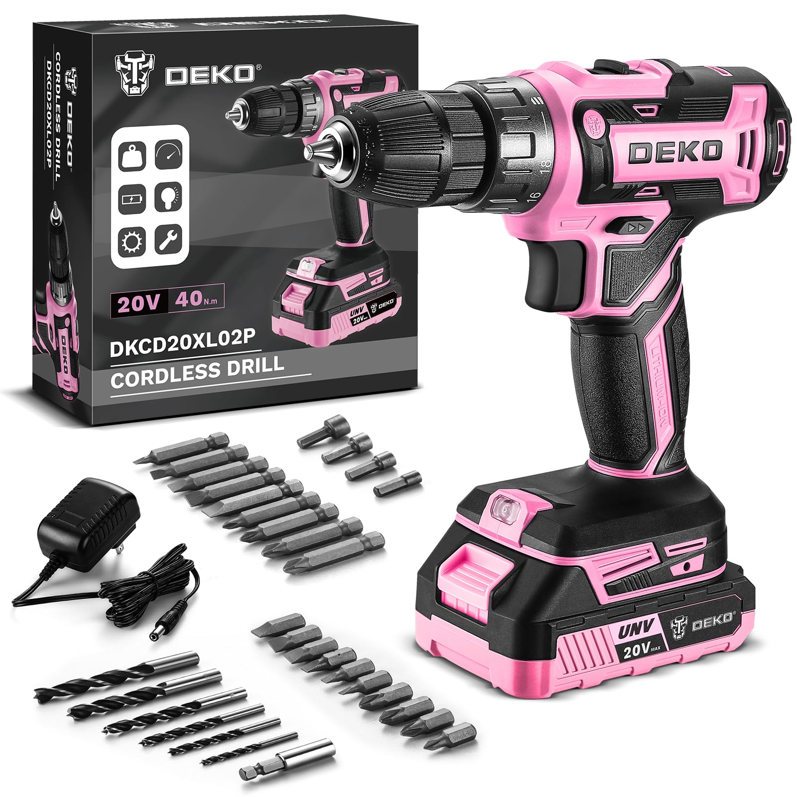 DEKOPRO pink cordless drill with battery indicator for easy power management.
