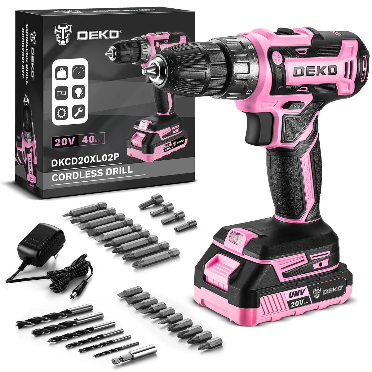 DEKOPRO pink cordless drill with battery indicator for easy power management.