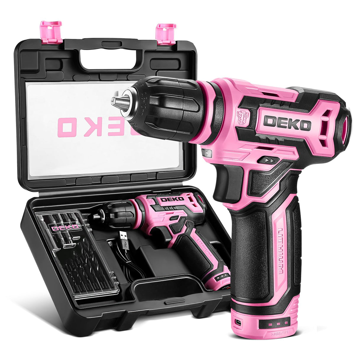 DEKOPRO pink cordless drill in gift box for easy gifting and setup