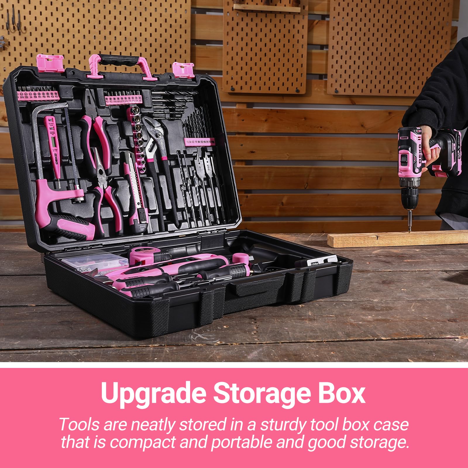 DEKOPRO pink drill bits and sockets for versatile tasks.