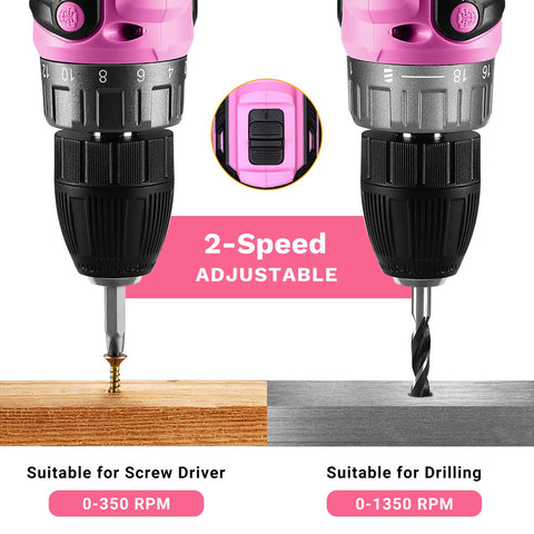 DEKOPRO pink drill kit with versatile bits for wood, metal, and plastic.