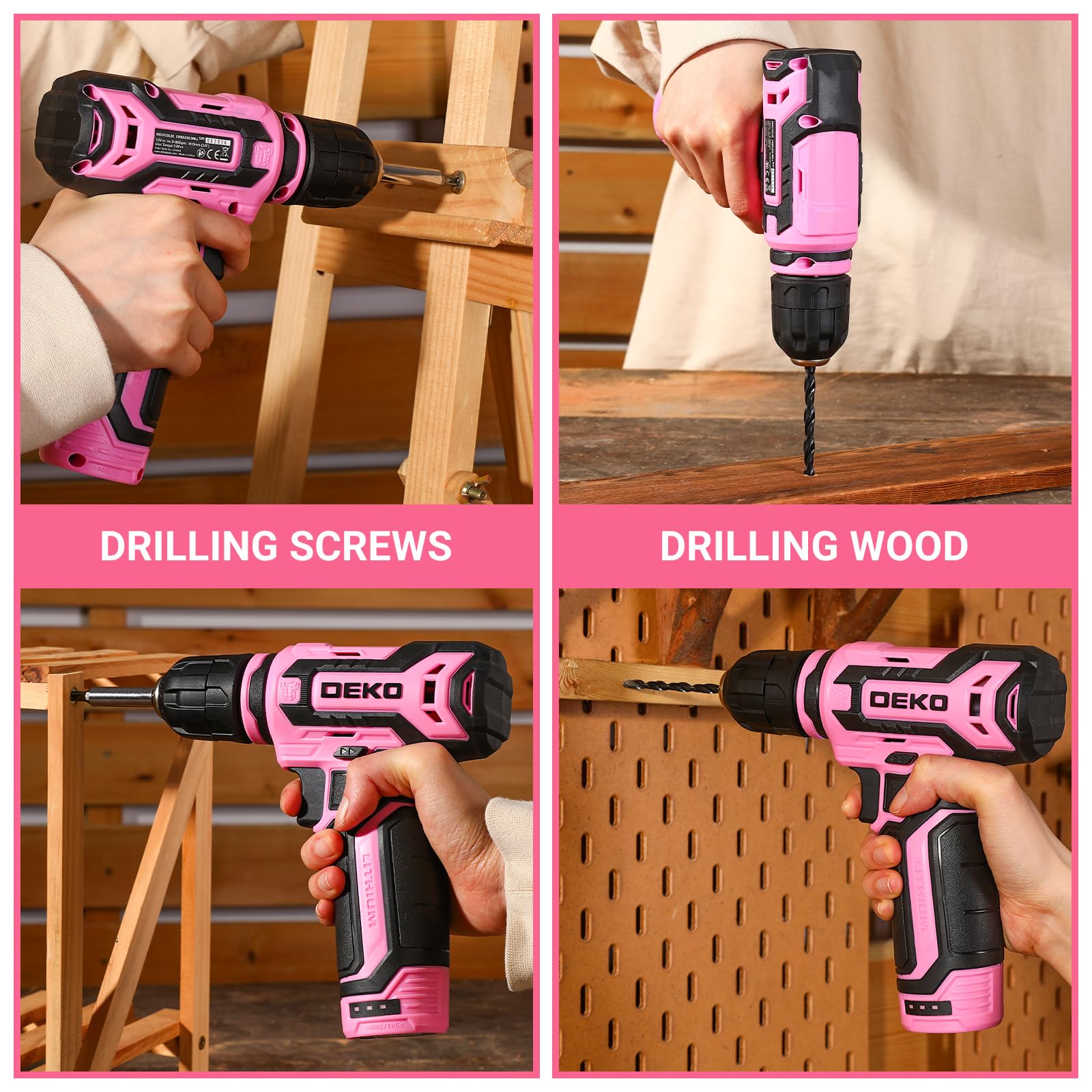 DEKOPRO pink drill kit laid out with tools and box