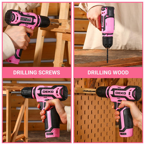 DEKOPRO pink drill kit laid out with tools and box