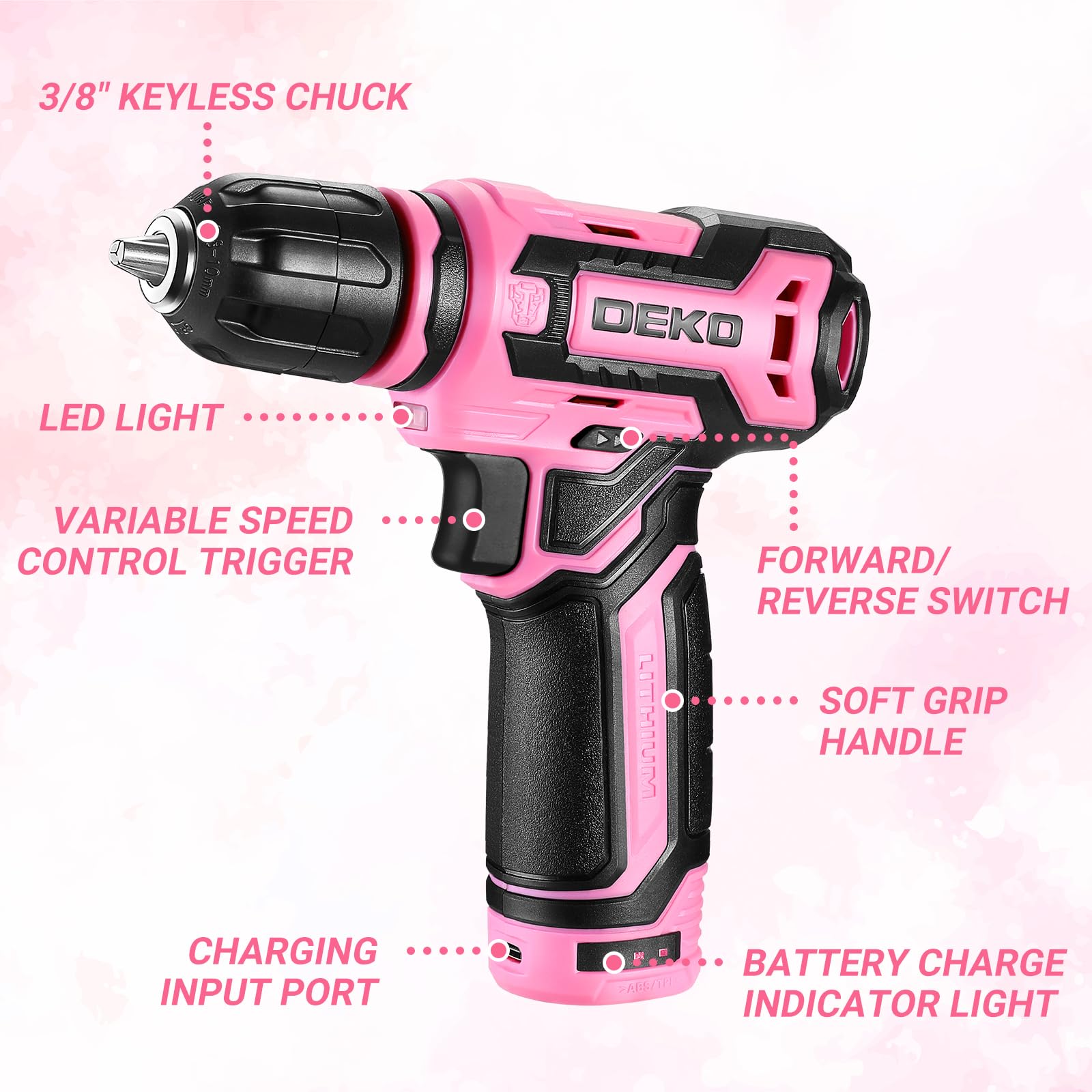 DEKOPRO pink drill with LED light for precise work in dim spaces