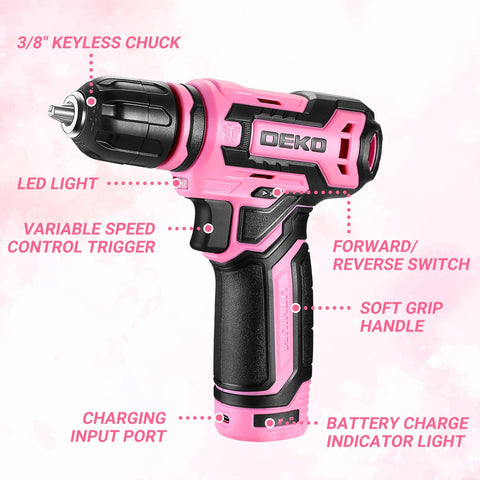 DEKOPRO pink drill with LED light for precise work in dim spaces