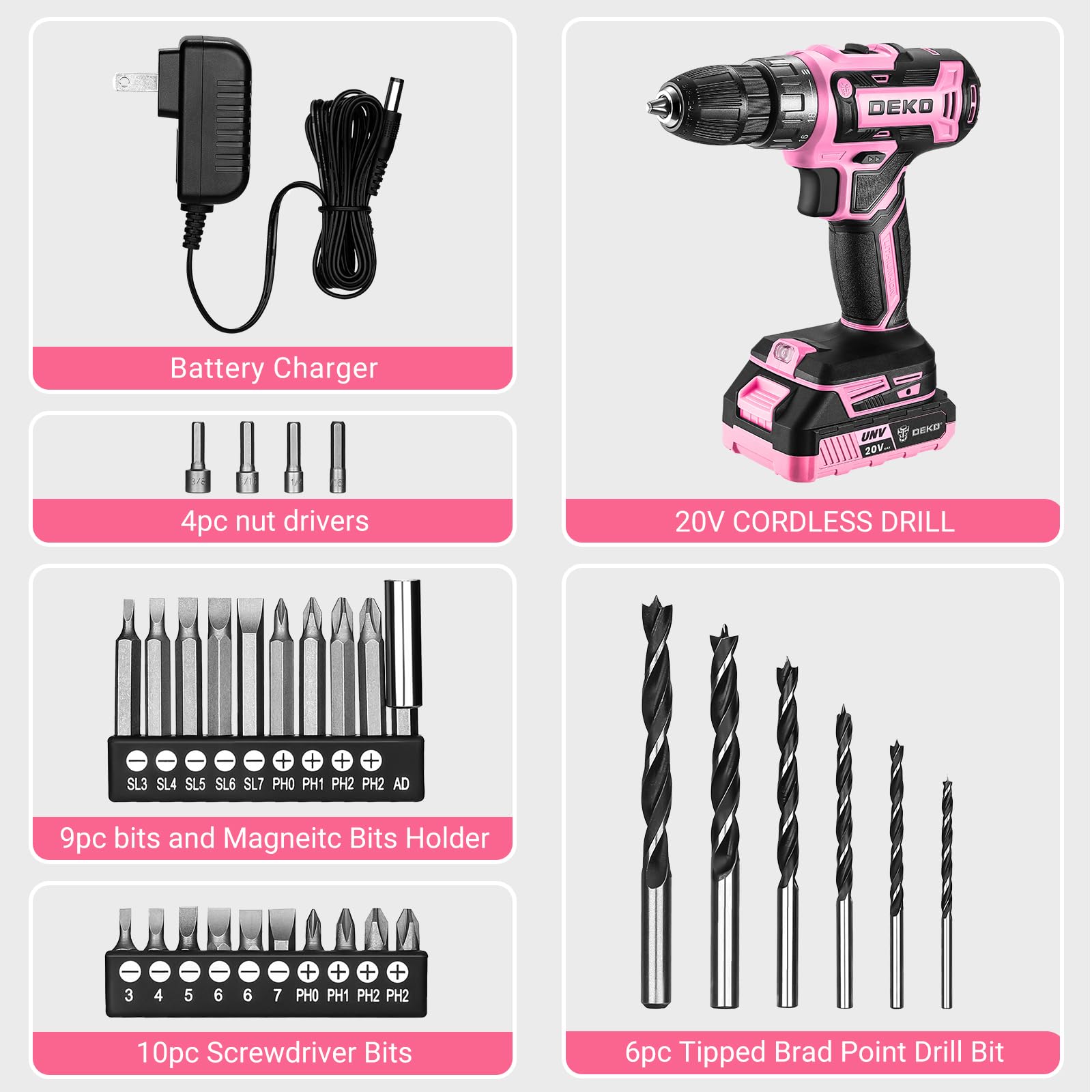 DEKOPRO pink lightweight drill at 2.5 lb reduces fatigue during tasks.