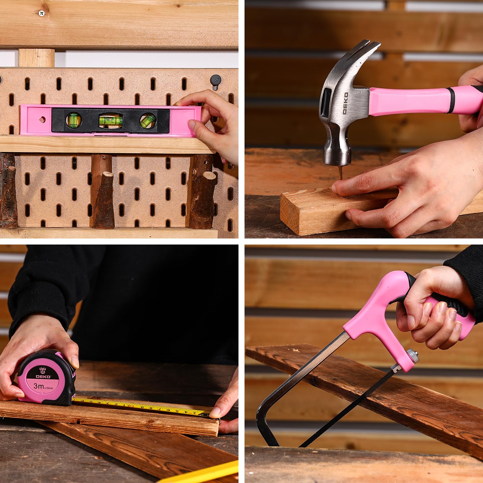DEKOPRO pink measuring tape and claw hammer for precise repairs.