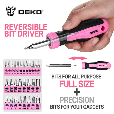 DEKOPRO pink ratchet screwdriver in use for fast assembly tasks