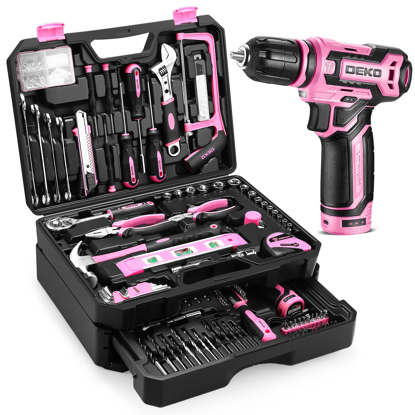 DEKOPRO pink tool kit box front view showing compact design and organization